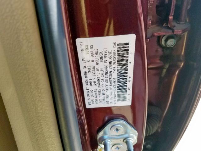 JHMCP26828C023628 - 2008 HONDA ACCORD EXL BURGUNDY photo 10