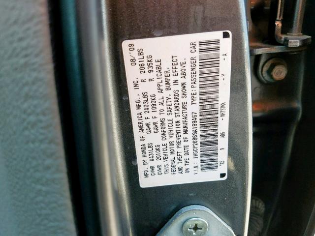 1HGCP26869A199467 - 2009 HONDA ACCORD EXL GRAY photo 10