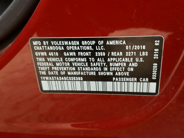 1VWAS7A34GC025389 - 2016 VOLKSWAGEN PASSAT S RED photo 10