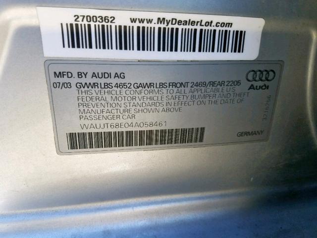 WAUJT68E04A058461 - 2004 AUDI A4 3.0 GRAY photo 10