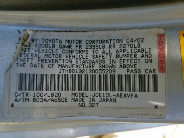 JTHBD192120055209 - 2002 LEXUS IS 300 SILVER photo 10