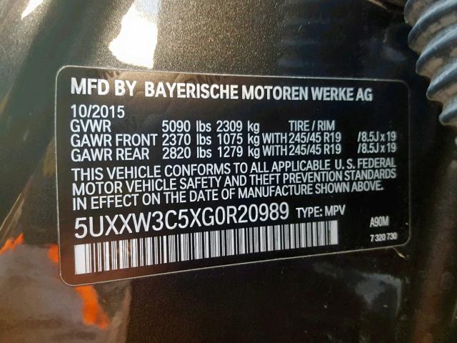 5UXXW3C5XG0R20989 - 2016 BMW X4 XDRIVE2 BLACK photo 10