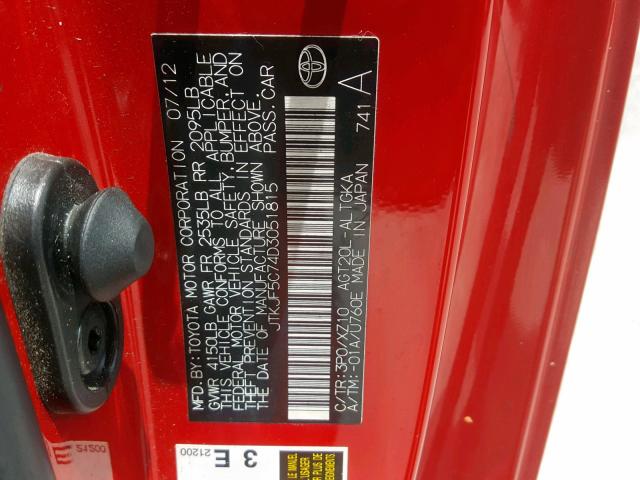 JTKJF5C74D3051815 - 2013 TOYOTA SCION TC წითელი ფოტო 10