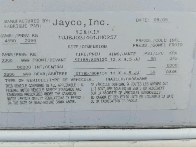 1UJBJ02J461JH0257 - 2006 JAYCO JAFEATHER WHITE photo 10