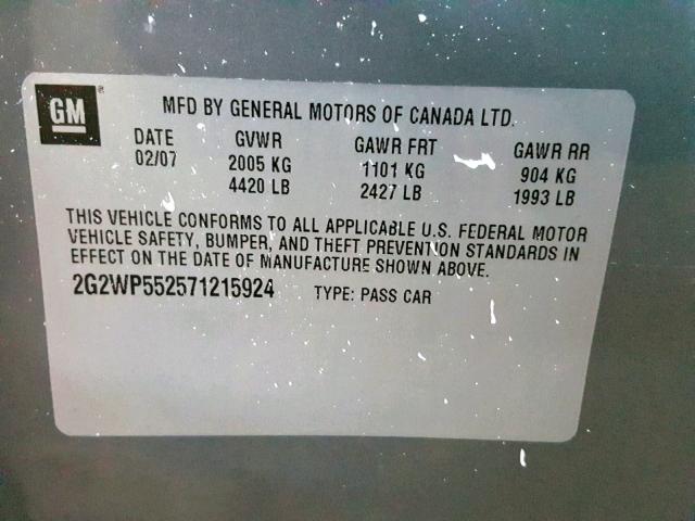 2G2WP552571215924 - 2007 PONTIAC GRAND PRIX GRAY photo 10