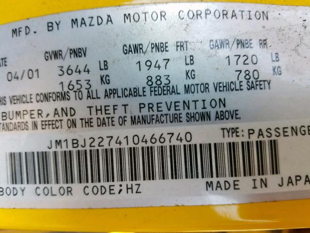 JM1BJ227410466740 - 2001 MAZDA PROTEGE MP YELLOW photo 10