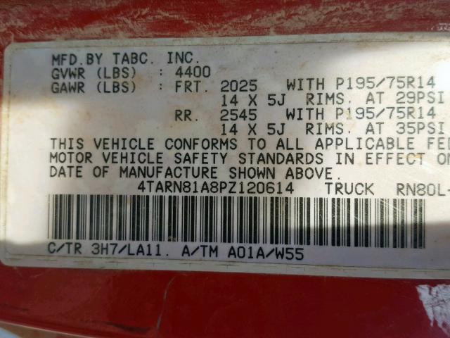 4TARN81A8PZ120614 - 1993 TOYOTA PICKUP 1/2 RED photo 10