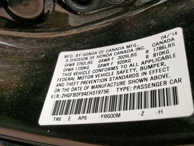 2HGFB2F94EH519756 - 2014 HONDA CIVIC EXL 棕色 照片 10