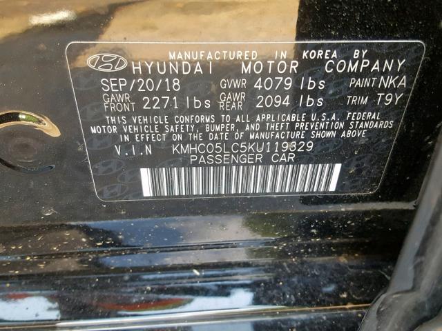 KMHC05LC5KU119329 - 2019 HYUNDAI IONIQ LIMI BLACK photo 10