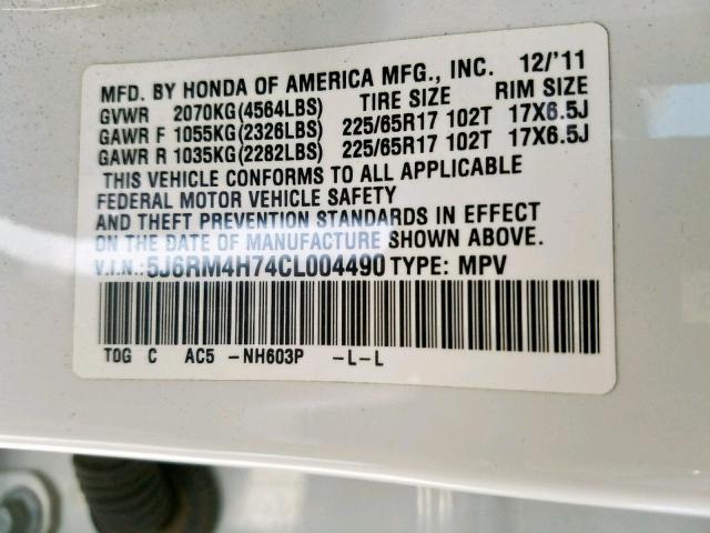 5J6RM4H74CL004490 - 2012 HONDA CR-V EXL WHITE photo 10