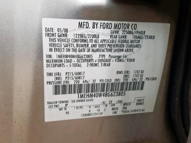 1MEHM40W48G623805 - 2008 MERCURY SABLE LUXU SILVER photo 10