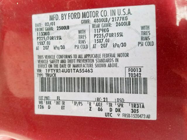 1FTYR14U01TA55463 - 2001 FORD RANGER SUP RED photo 10