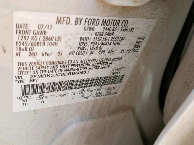 2FMDK3JC8BBB60503 - 2011 FORD EDGE SEL WHITE photo 10