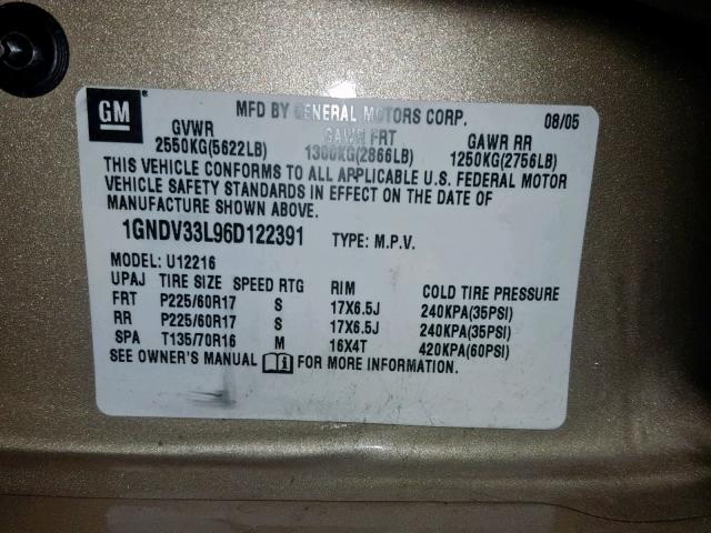 1GNDV33L96D122391 - 2006 CHEVROLET UPLANDER L TAN photo 10