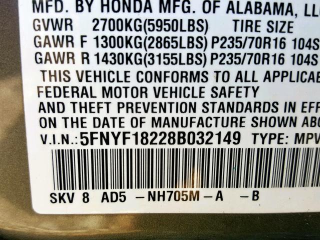 5FNYF18228B032149 - 2008 HONDA PILOT VP GRAY photo 10