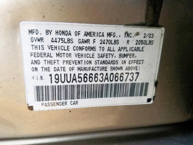 19UUA56663A066737 - 2003 ACURA 3.2TL BEIGE photo 10