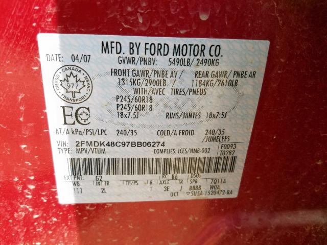 2FMDK48C97BB06274 - 2007 FORD EDGE SEL RED photo 10