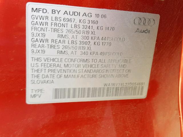 WA1AV74L27D054691 - 2007 AUDI Q7 4.2 QUA RED photo 10