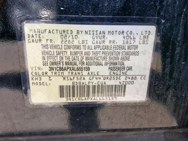 3N1CB6APXAL665159 - 2010 NISSAN SENTRA SE- BLACK photo 10