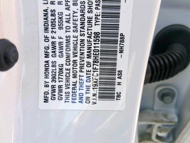 19XFC1F78HE011598 - 2017 HONDA CIVIC EXL 白色 照片 10