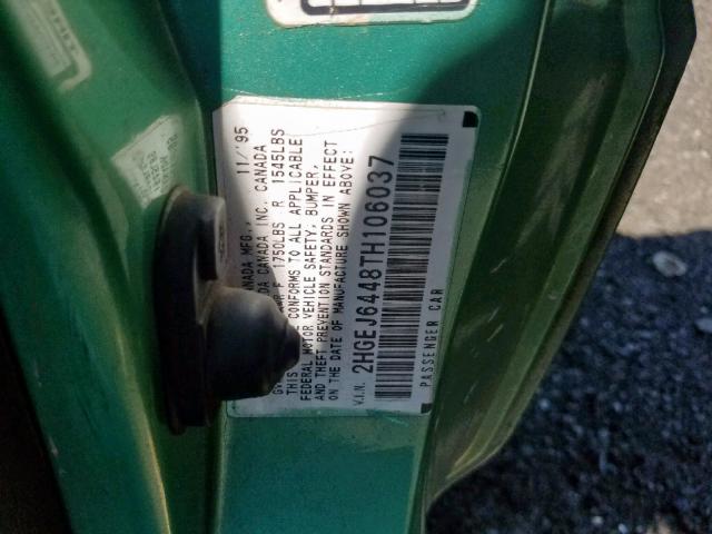 2HGEJ6448TH106037 - 1996 HONDA CIVIC DX GREEN photo 10