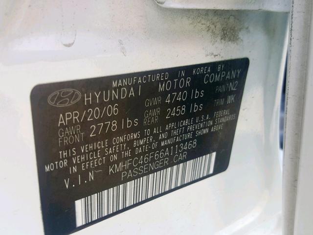 KMHFC46F66A113468 - 2006 HYUNDAI AZERA SE WHITE photo 10