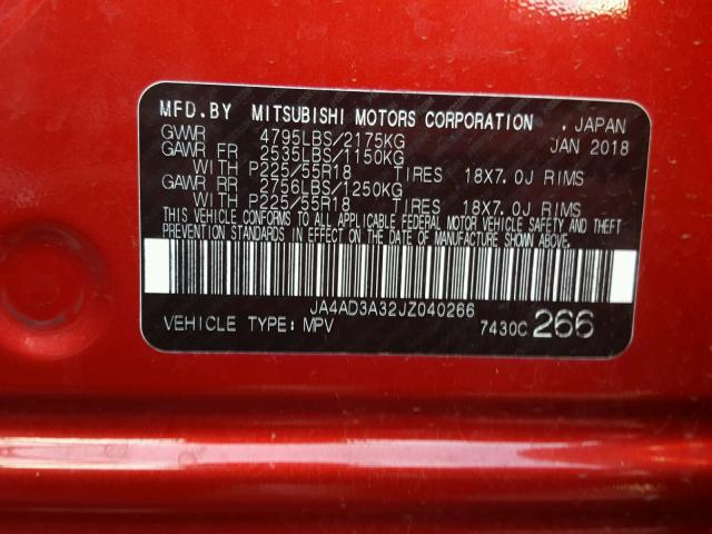 JA4AD3A32JZ040266 - 2018 MITSUBISHI OUTLANDER RED photo 10