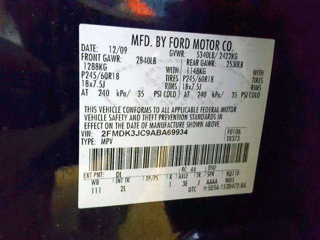 2FMDK3JC9ABA69934 - 2010 FORD EDGE SEL BLUE photo 10