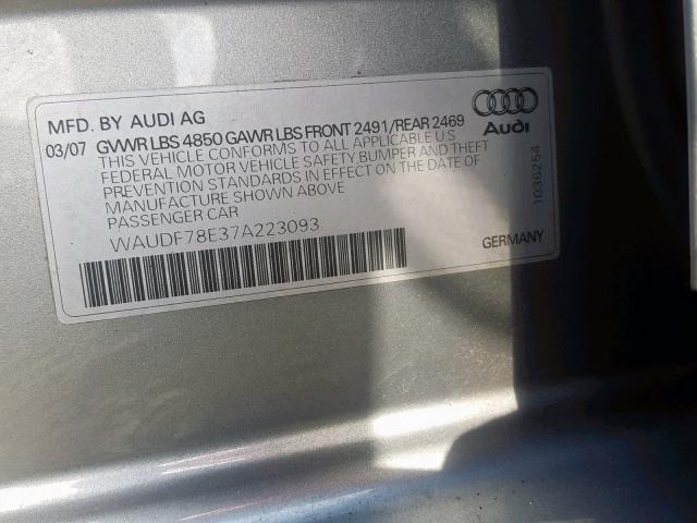 WAUDF78E37A223093 - 2007 AUDI A4 2.0T QU SILVER photo 10