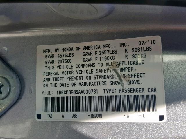 1HGCP3F85AA030731 - 2010 HONDA ACCORD EXL SILVER photo 10