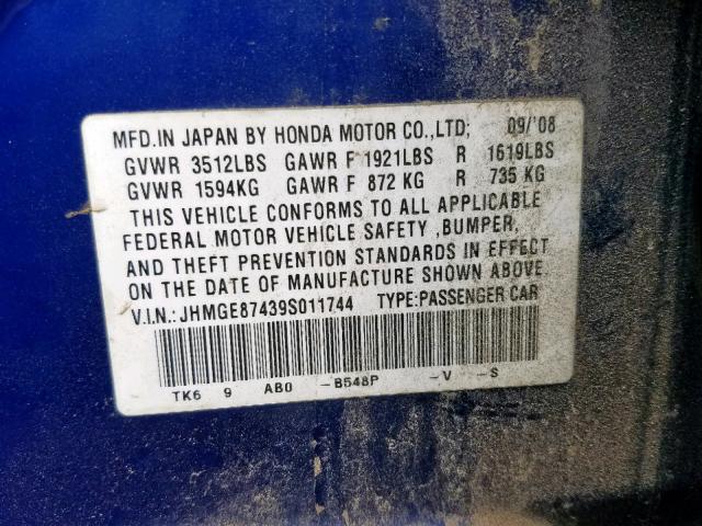 JHMGE87439S011744 - 2009 HONDA FIT SPORT BLUE photo 10