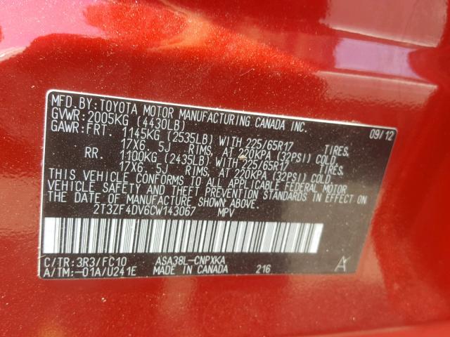 2T3ZF4DV6CW143067 - 2012 TOYOTA RAV4 Rot Foto 10