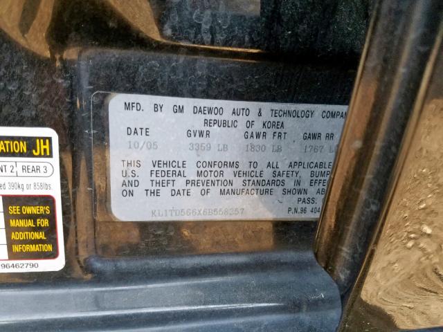 KL1TD566X6B558257 - 2006 CHEVROLET AVEO BASE შავი ფოტო 10