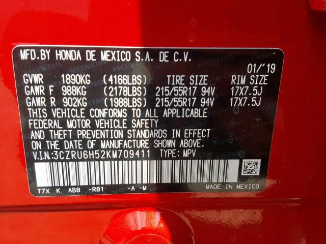 3CZRU6H52KM709411 - 2019 HONDA HR-V EX RED photo 10