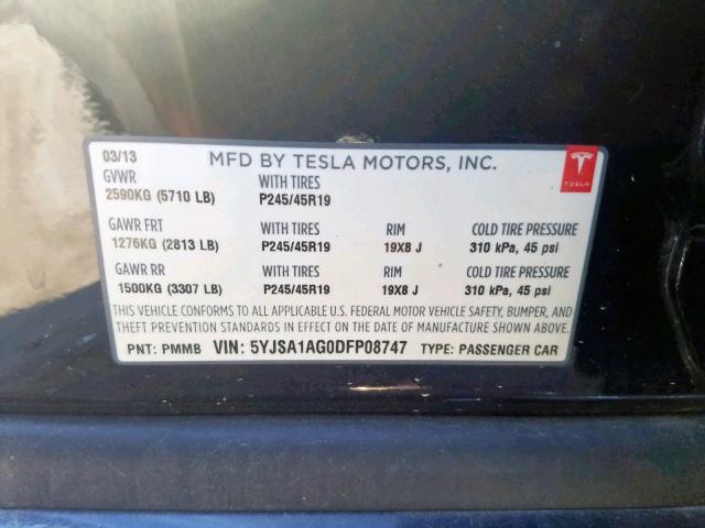 5YJSA1AG0DFP08747 - 2013 TESLA MODEL S أزرق صورة 10