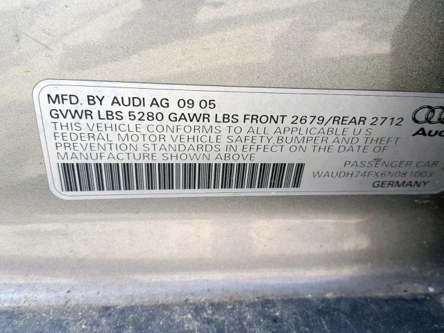 WAUDH74FX6N081003 - 2006 AUDI A6 3.2 QUA GRAY photo 10