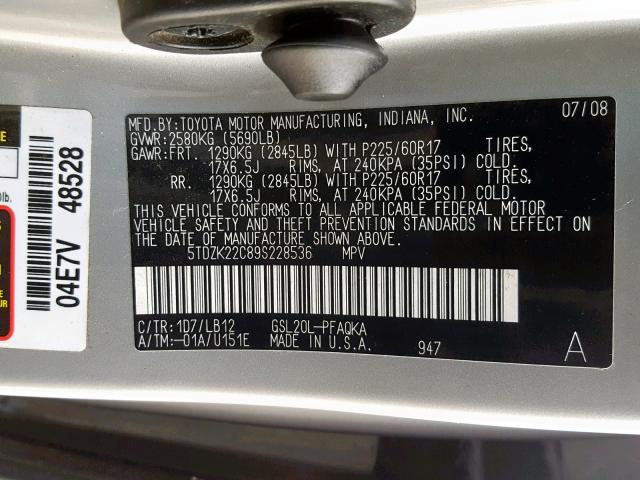 5TDZK22C89S228536 - 2009 TOYOTA SIENNA XLE SILVER photo 10