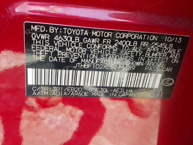 JTHBF1D2XE5016689 - 2014 LEXUS IS 250 RED photo 10