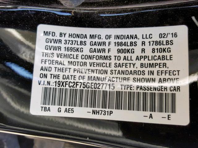 19XFC2F75GE027715 - 2016 HONDA CIVIC EX BLACK photo 10