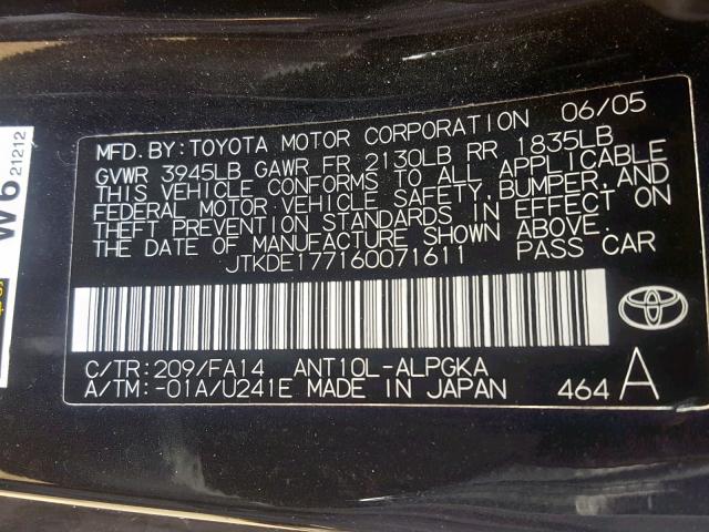 JTKDE177160071611 - 2006 TOYOTA SCION TC შავი ფოტო 10