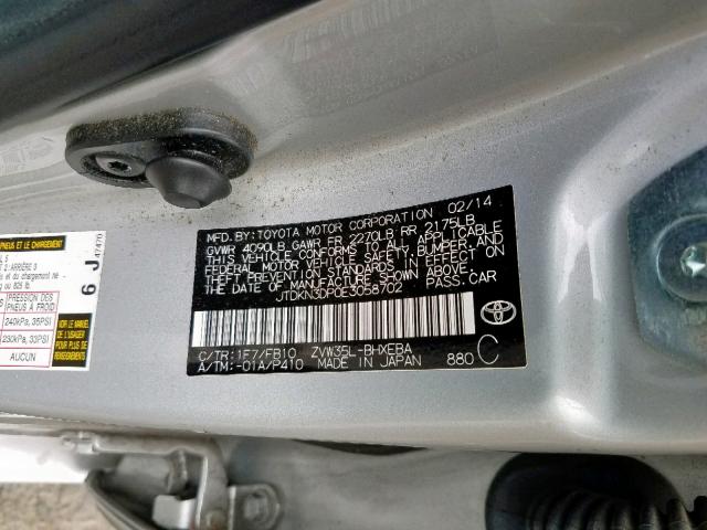 JTDKN3DP0E3058702 - 2014 TOYOTA PRIUS PLUG SILVER photo 10