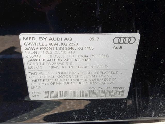 WA1JCCFS3JR006081 - 2018 AUDI Q3 PREMIUM BLACK photo 10