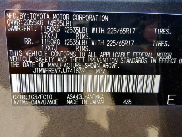 JTMWFREV7JJ741839 - 2018 TOYOTA RAV4 ADVEN CHARCOAL photo 10