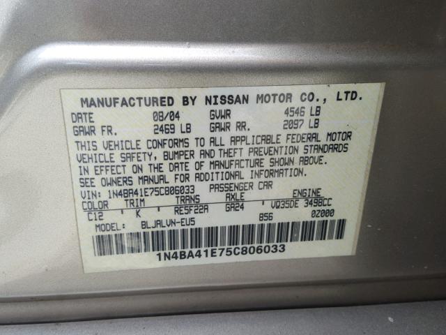 1N4BA41E75C806033 - 2005 NISSAN MAXIMA SE GOLD photo 10