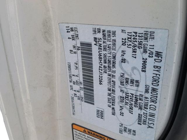 5LMEU68H74ZJ13266 - 2004 LINCOLN AVIATOR 白色 照片 10