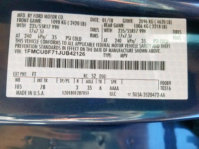 1FMCU0F71JUB42126 - 2018 FORD ESCAPE S BLUE photo 10