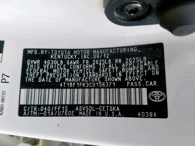 4T1BF1FK3CU156371 - 2012 TOYOTA CAMRY BASE WHITE photo 10