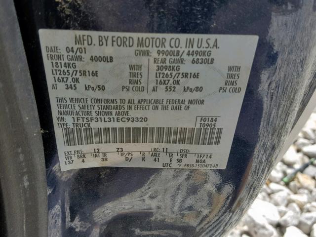 1FTSF31L31EC93320 - 2001 FORD F350 SRW S BLUE photo 10