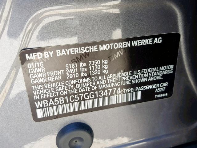 WBA5B1C57GG134774 - 2016 BMW 535 I GRAY photo 10