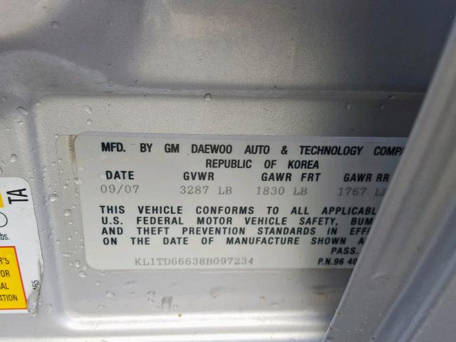 KL1TD66638B097234 - 2008 CHEVROLET AVEO BASE Gümüş foto 10